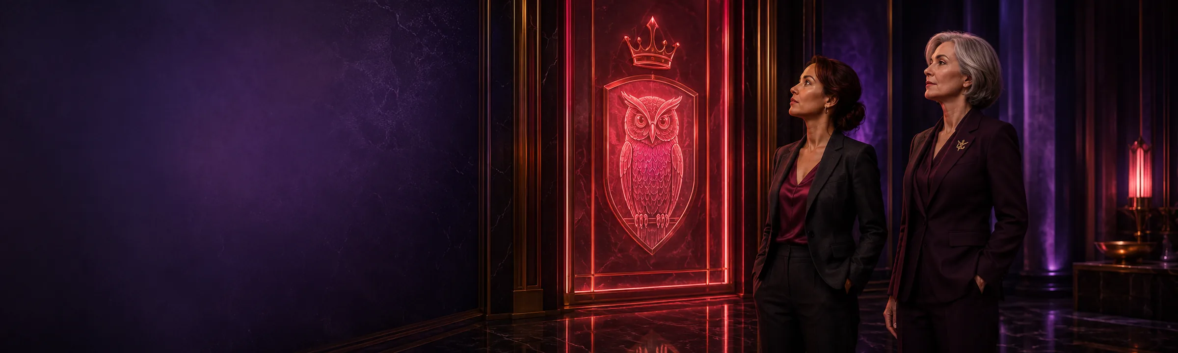 Two Hootwin Casino players at a lit owl crest panel